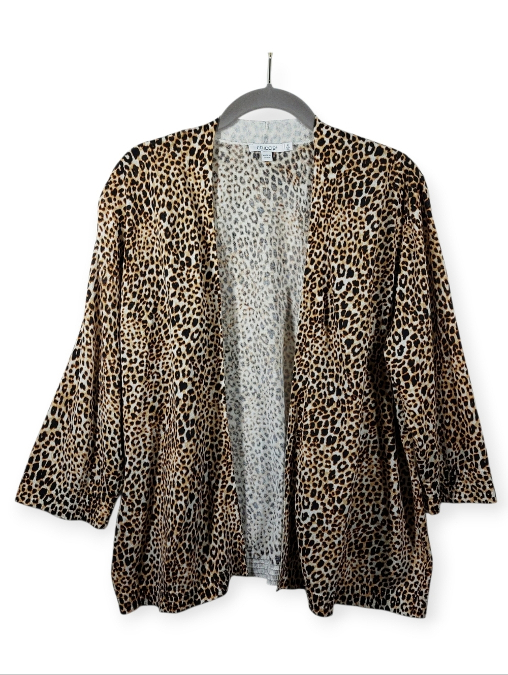Chico's 3 Fine Knit Animal Print Open Front Cardigan Size XL 3/4 Sleeves